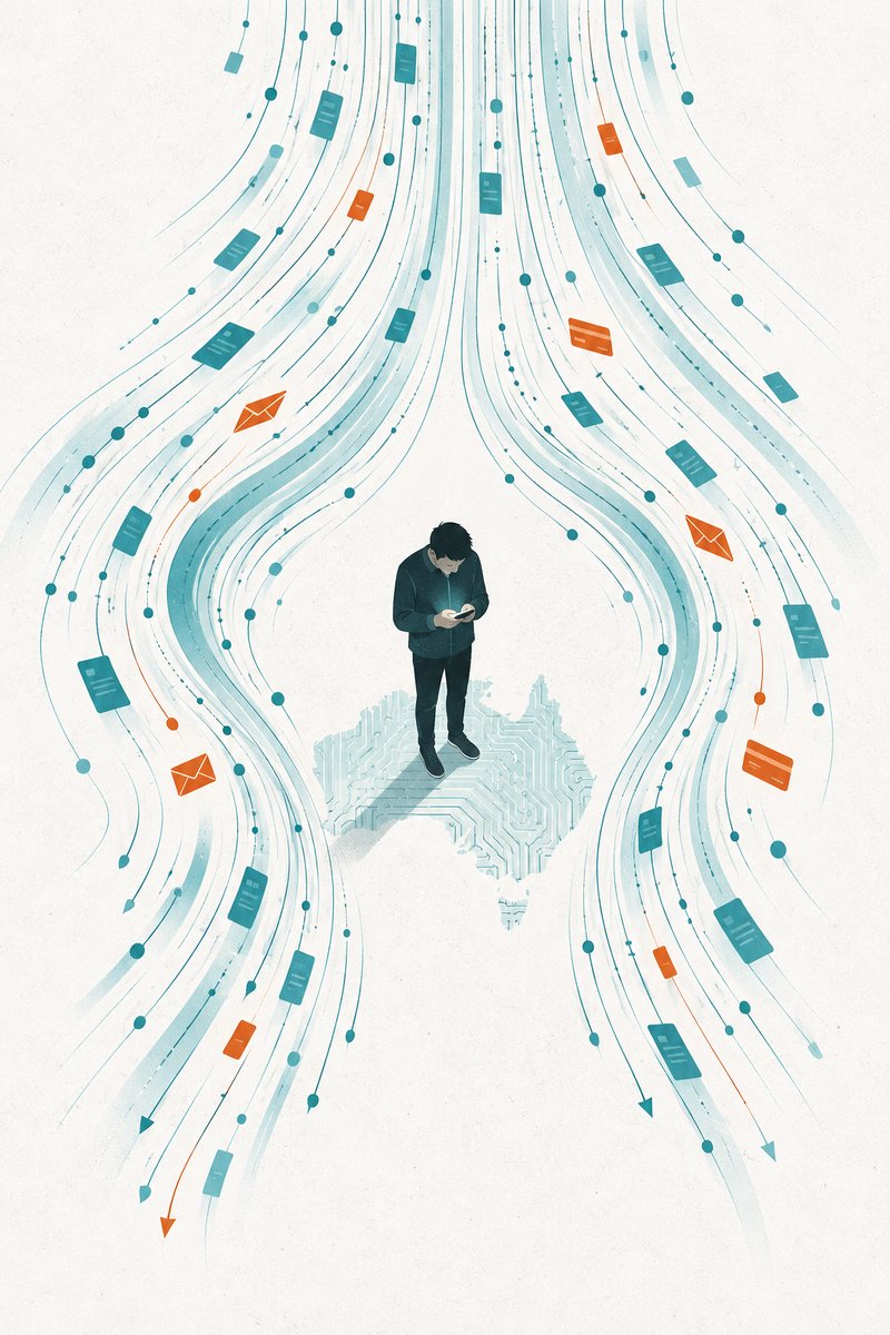 Illustration of a person standing still on a circuit-board map of Australia, looking at a phone, while streams of teal data and orange scam messages rush past on both sides.